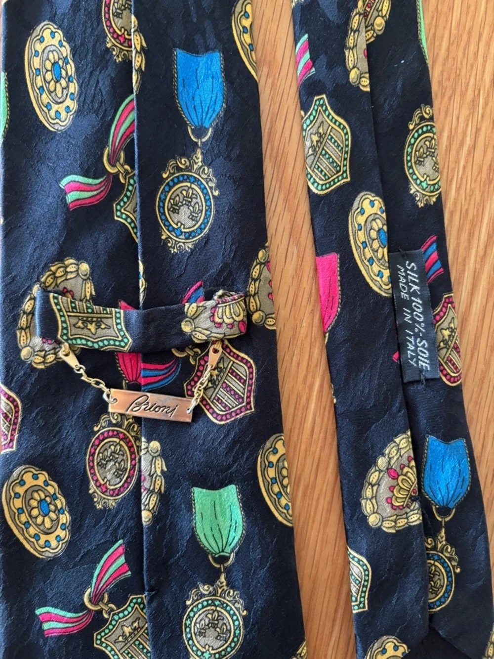 Brioni Italy Silk Tie Black Medal Crest Medallion Print Luxury Designer